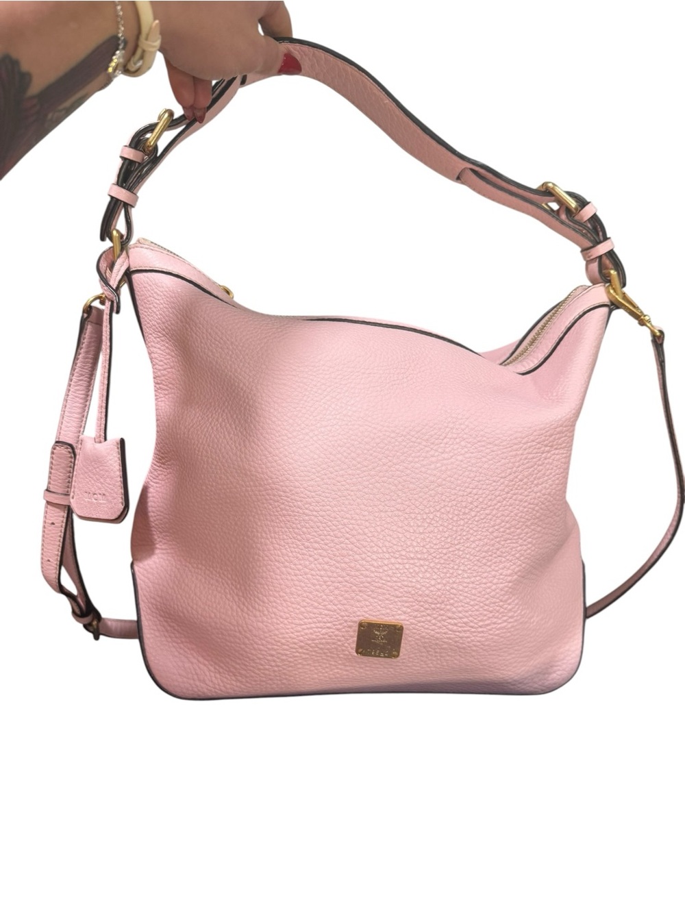 MCM Blush Pink Pebbled Leather Hobo Crossbody Bag Gold Hardware Dust Bag - Picture 8 of 16